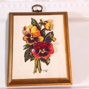 Vintage Authentic  Thayer ⚜️ 3D Wall Art 💐 Pansies on Wooden Plaque ⚜️💐⚜️